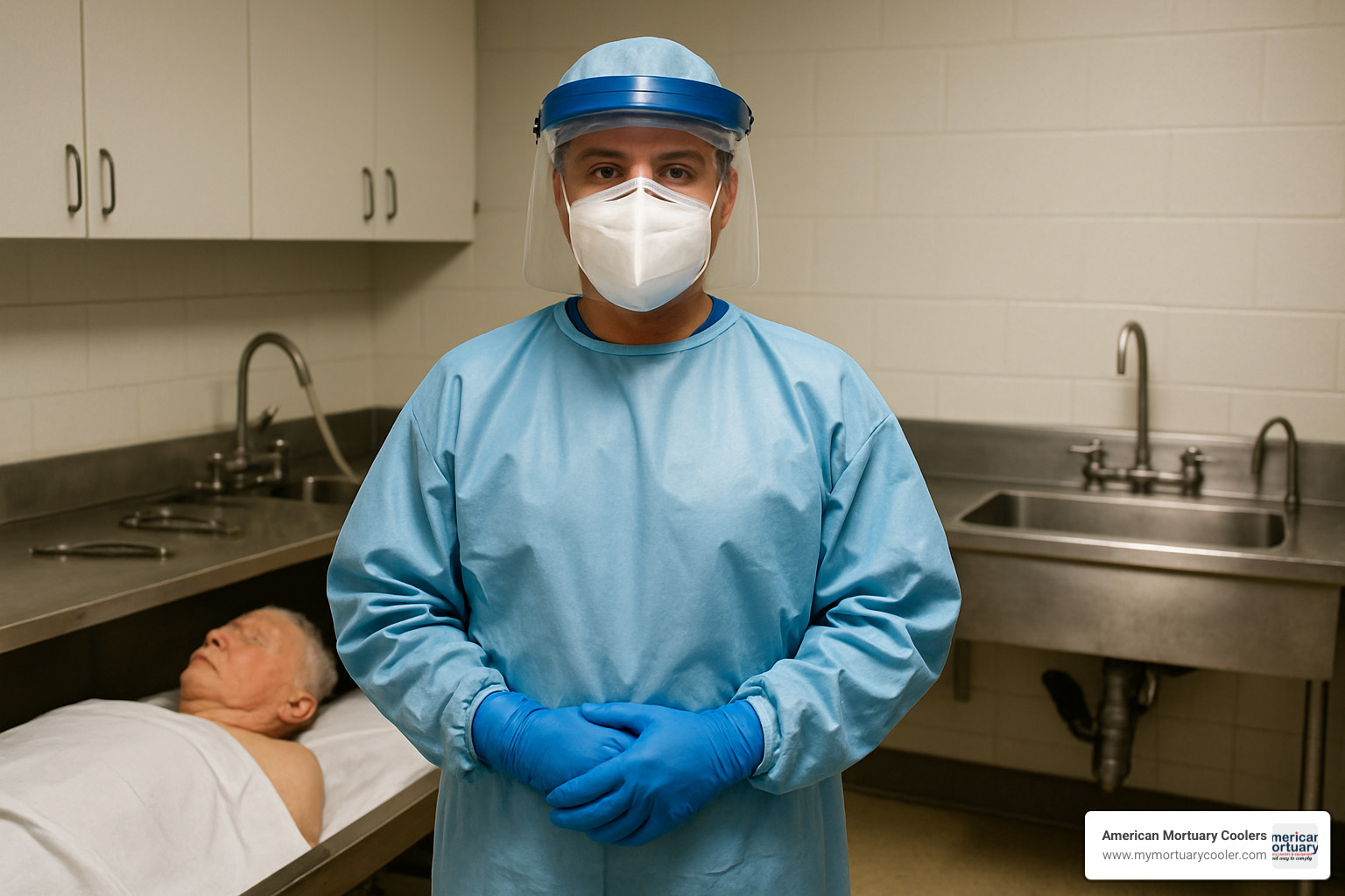 embalmer wearing PPE - dodge chemicals