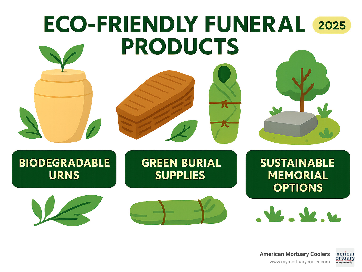 Comprehensive overview of eco-friendly funeral products including biodegradable urns, green burial supplies, and sustainable memorial options - funeral mortuary supplies infographic 