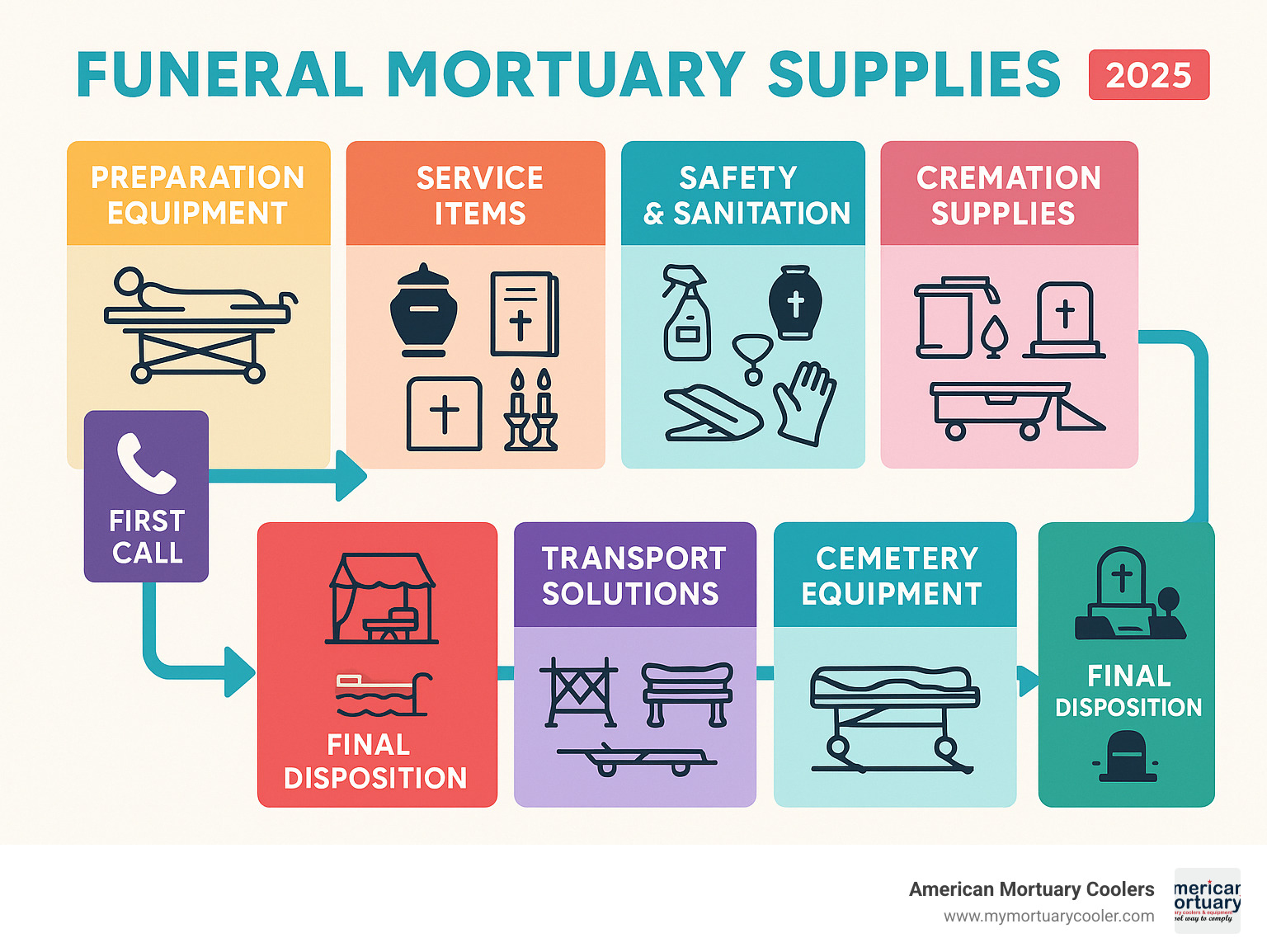 Comprehensive breakdown of funeral mortuary supply categories from preparation room equipment through cemetery services, showing the complete workflow from first call to final disposition - funeral mortuary supplies infographic 