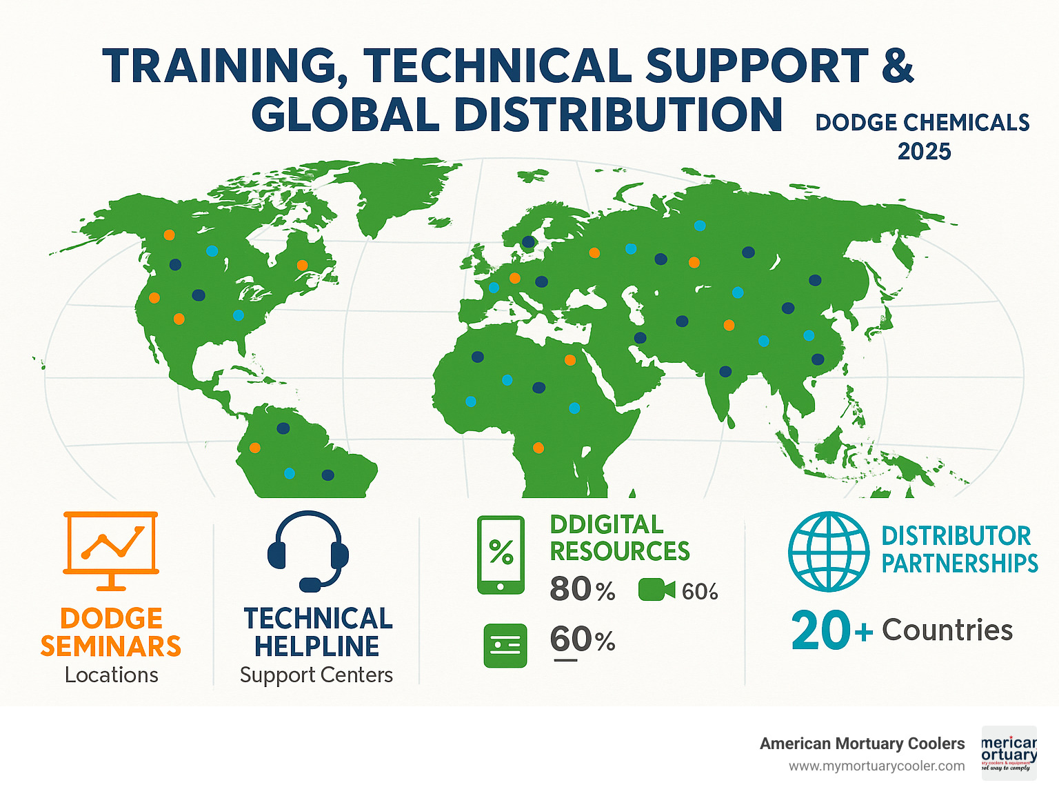Global network diagram showing Dodge Seminars locations, technical support centers, distributor partnerships across 20+ countries, and digital resources including mobile app usage statistics and webinar participation rates - dodge chemicals infographic 