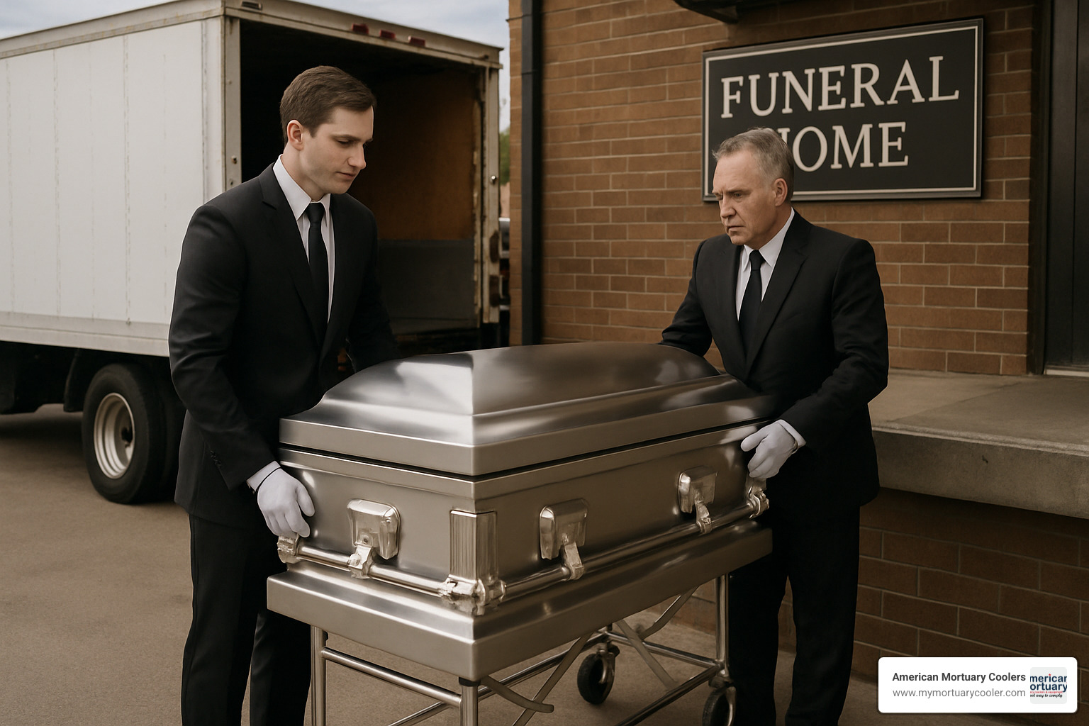 casket being delivered to funeral home dock - stainless steel caskets