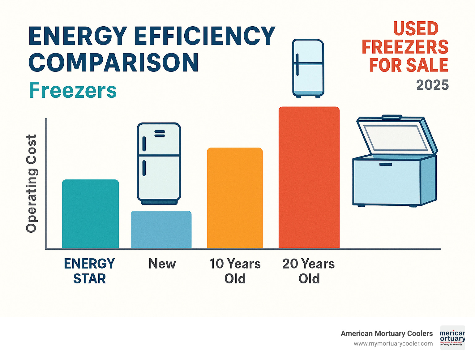 energy efficiency comparison chart showing operating costs between different freezer types and ages - used freezers for sale infographic 