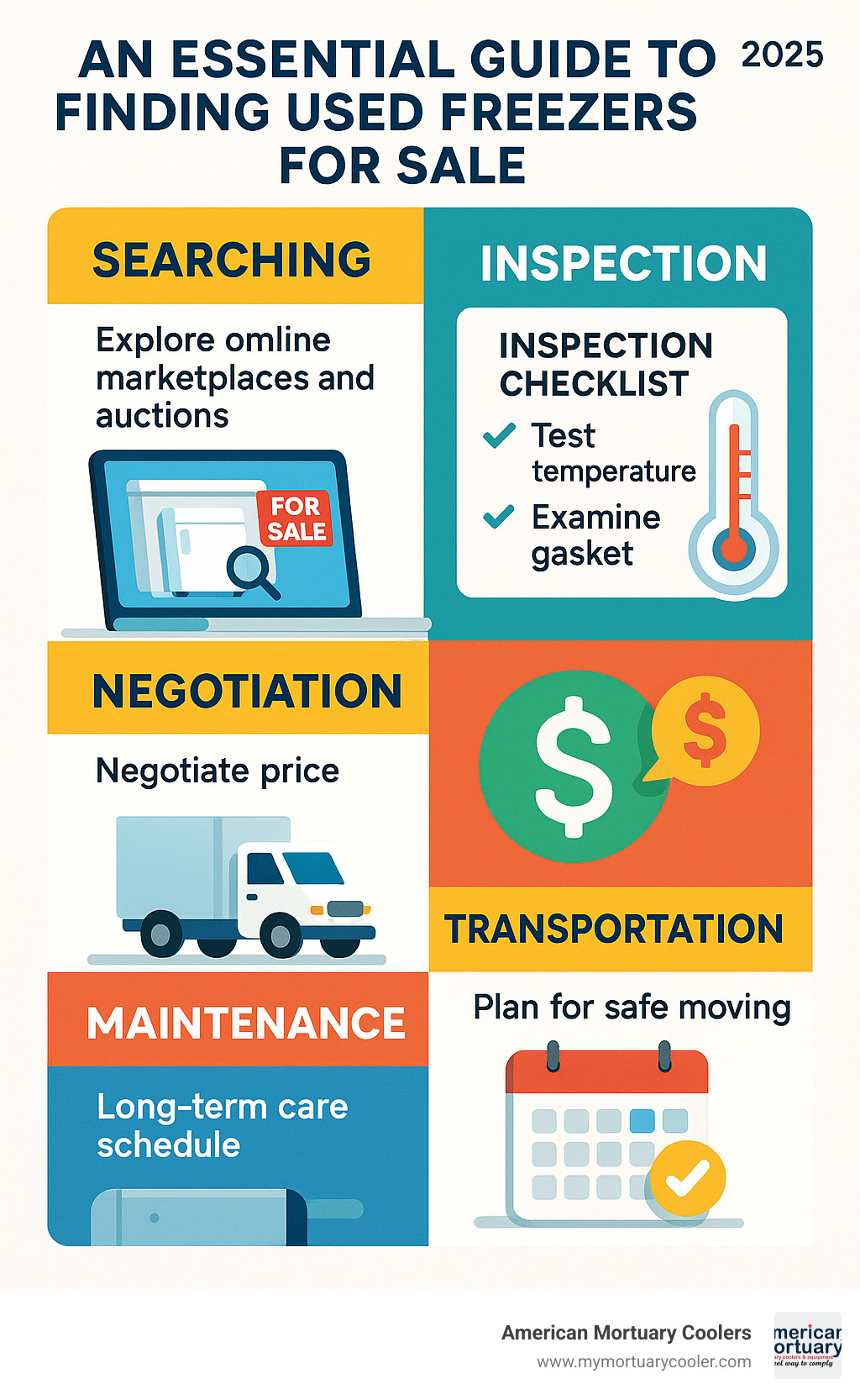 Comprehensive infographic showing the used freezer buying process from initial search through online marketplaces and auctions, inspection checklist including temperature testing and gasket examination, price negotiation tactics, transportation requirements, and long-term maintenance schedule - used freezers for sale infographic 