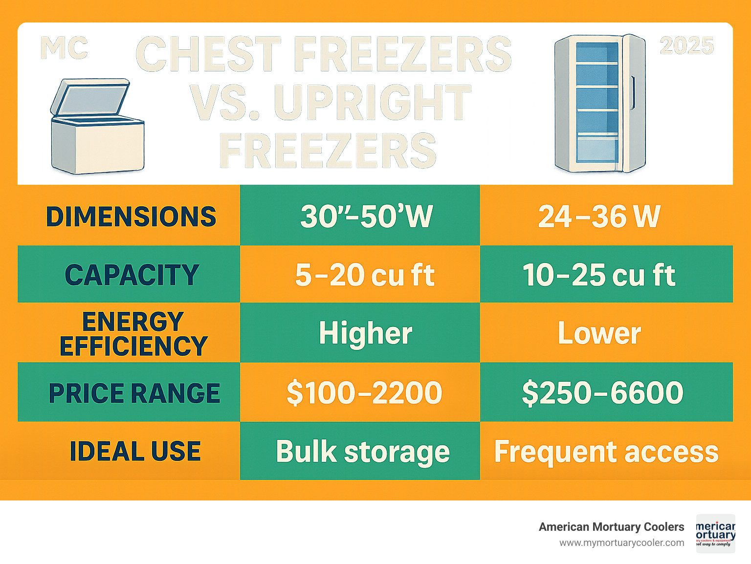 Comparison chart showing chest freezers versus upright freezers with dimensions, capacity, energy efficiency, price ranges, and ideal use cases - used freezers for sale infographic 