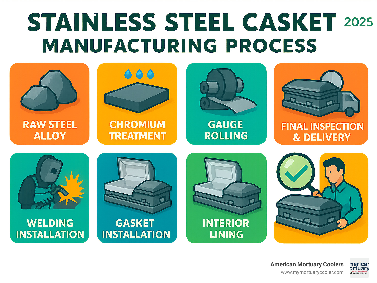 Infographic showing stainless steel casket manufacturing process from raw steel alloy through chromium treatment, gauge rolling, welding, gasket installation, interior lining, and final quality inspection with delivery timeline - stainless steel caskets infographic 