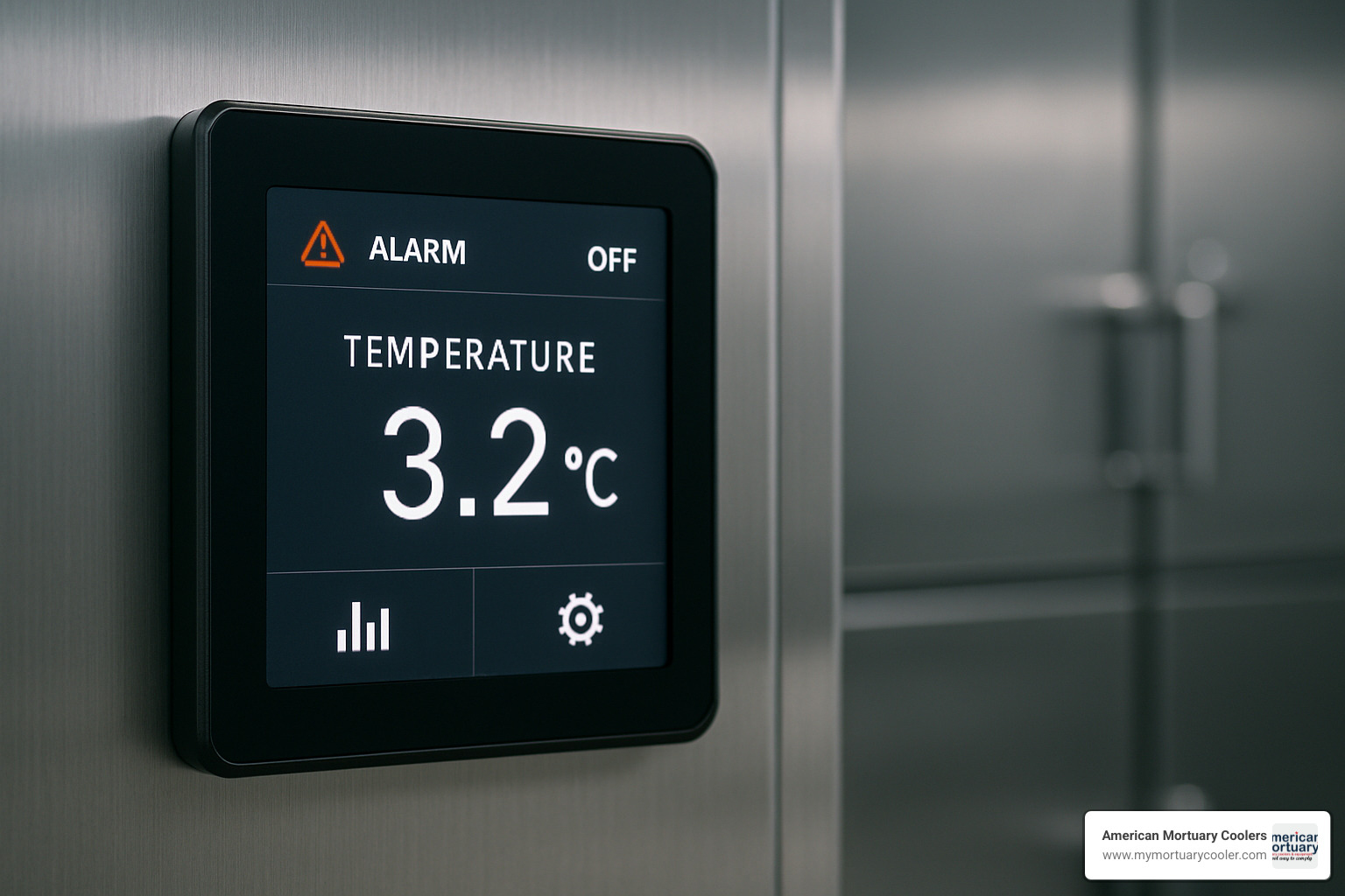 Digital touchscreen temperature controller showing precise 3.2°C reading with alarm status and data logging capabilities - body cold storage Digital touchscreen temperature controller showing precise 3.2°C reading with alarm status and data logging capabilities - body cold storage