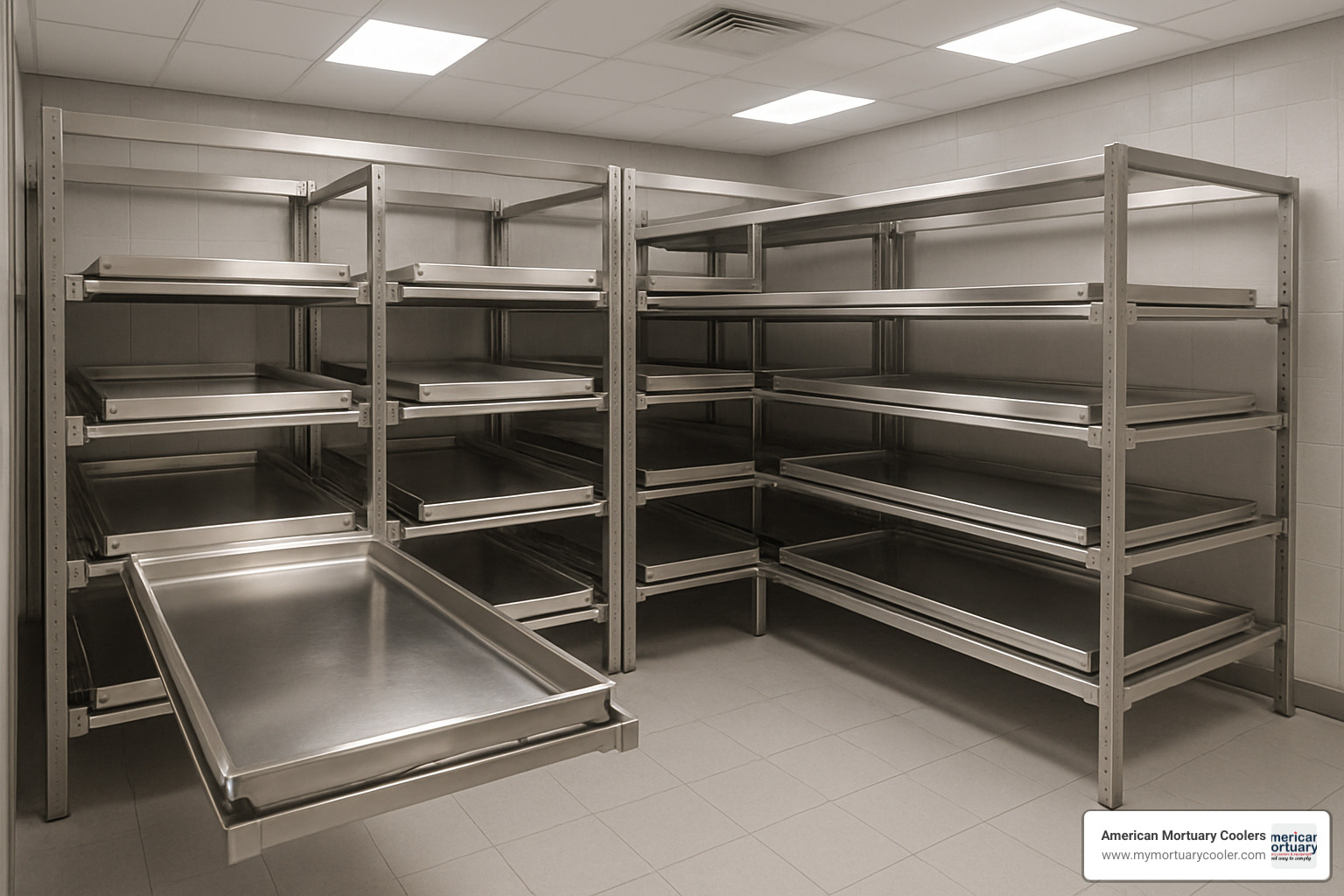 Adjustable mortuary racking system with multiple tiers and roll-out trays for efficient body storage and access - body cold storage Adjustable mortuary racking system with multiple tiers and roll-out trays for efficient body storage and access - body cold storage