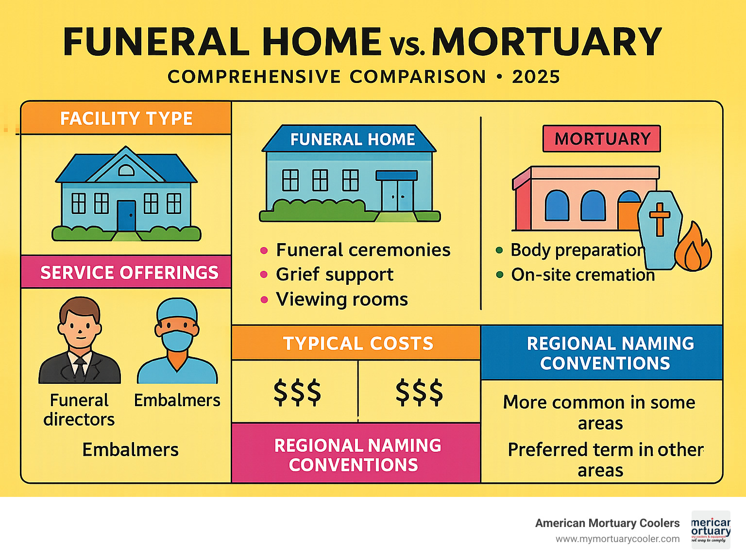 Comprehensive comparison of funeral home versus mortuary services including facility types, service offerings, staff qualifications, typical costs, and regional naming conventions - funeral home and mortuary infographic 