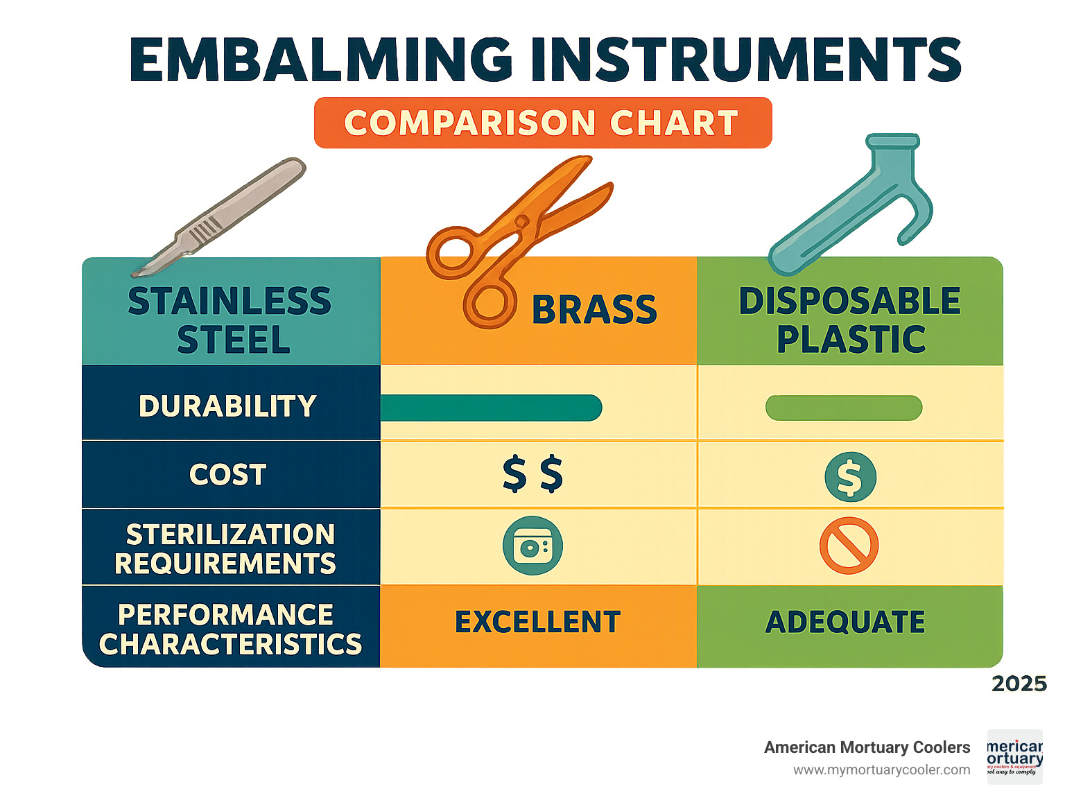 Comparison chart showing durability, cost, sterilization requirements, and performance characteristics of stainless steel versus brass versus disposable plastic embalming instruments - embalming-instruments- infographic 