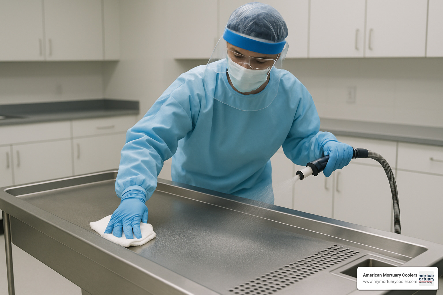 technician cleaning necropsy table - necropsy-table-
