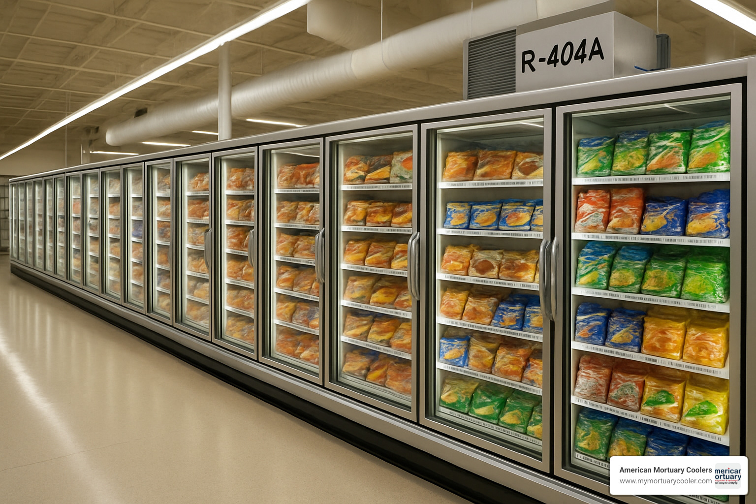 Supermarket frozen food display cases with R-404A refrigeration system - 404a