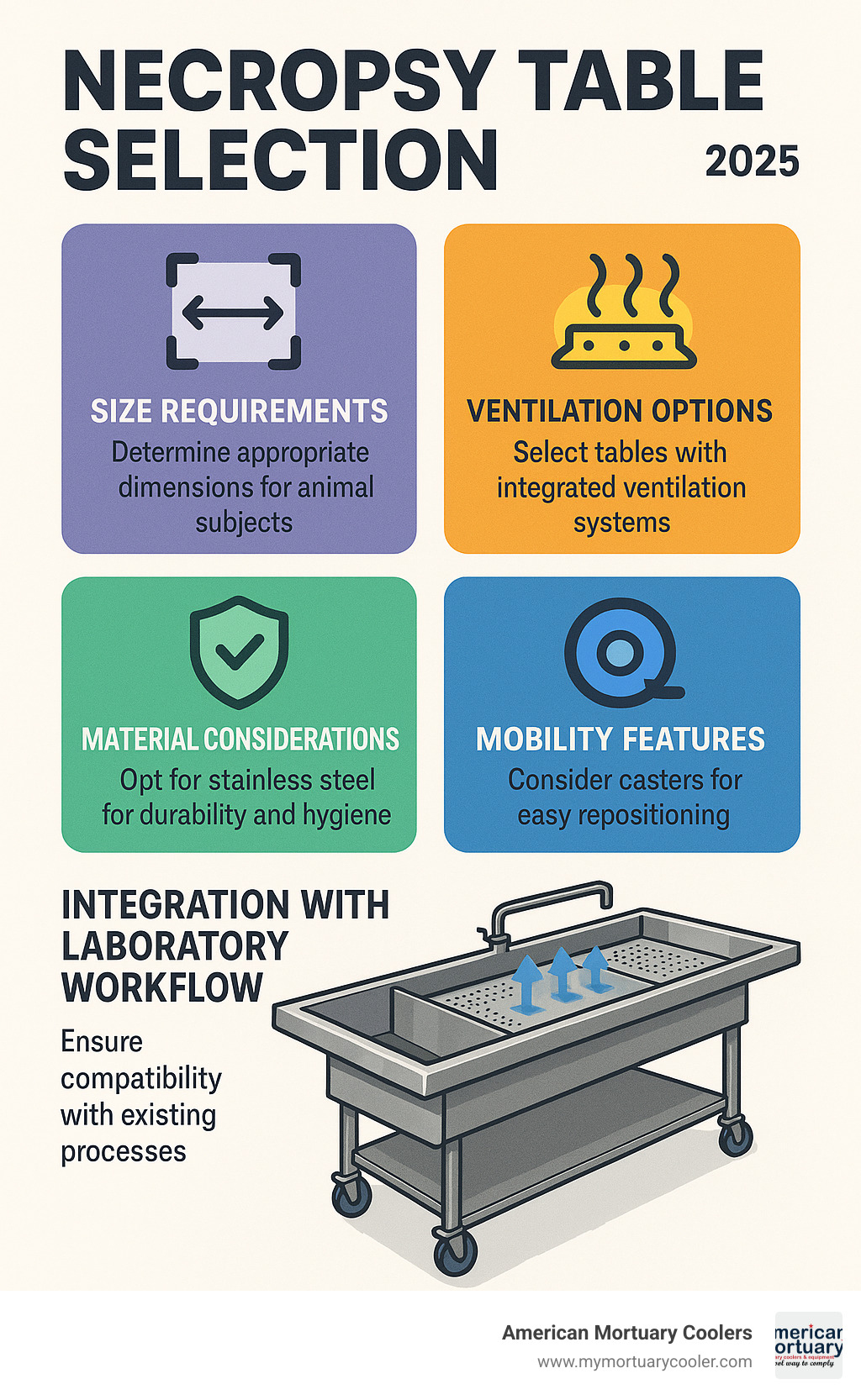 Comprehensive infographic showing necropsy table selection process including size requirements, material considerations, ventilation options, mobility features, and integration with laboratory workflow - necropsy-table- infographic 