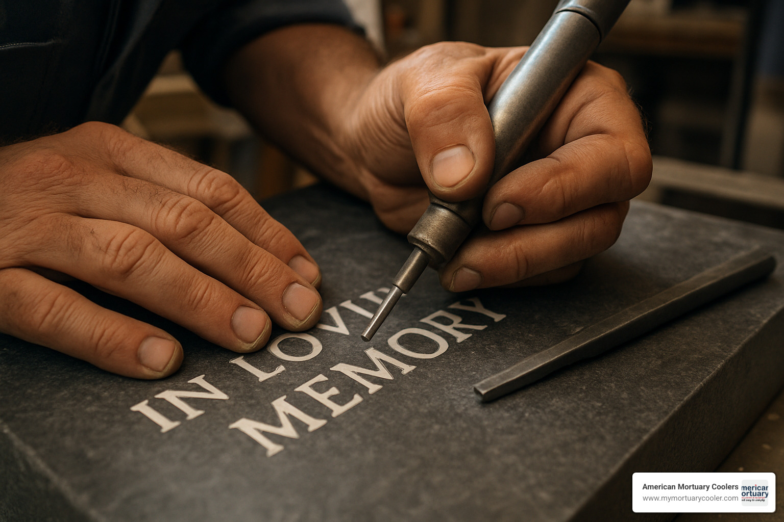 close-up view of engraving process on memorial products - cresent memorial