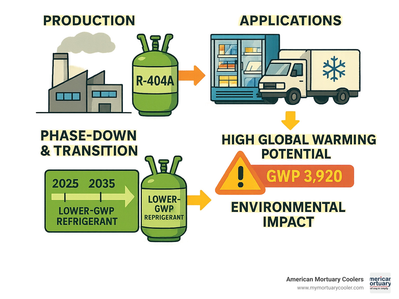 Comprehensive infographic showing 404A refrigerant lifecycle from production through applications in commercial refrigeration, environmental impact with high GWP rating, regulatory phase-down timeline, and transition to lower-GWP alternatives - 404a infographic 