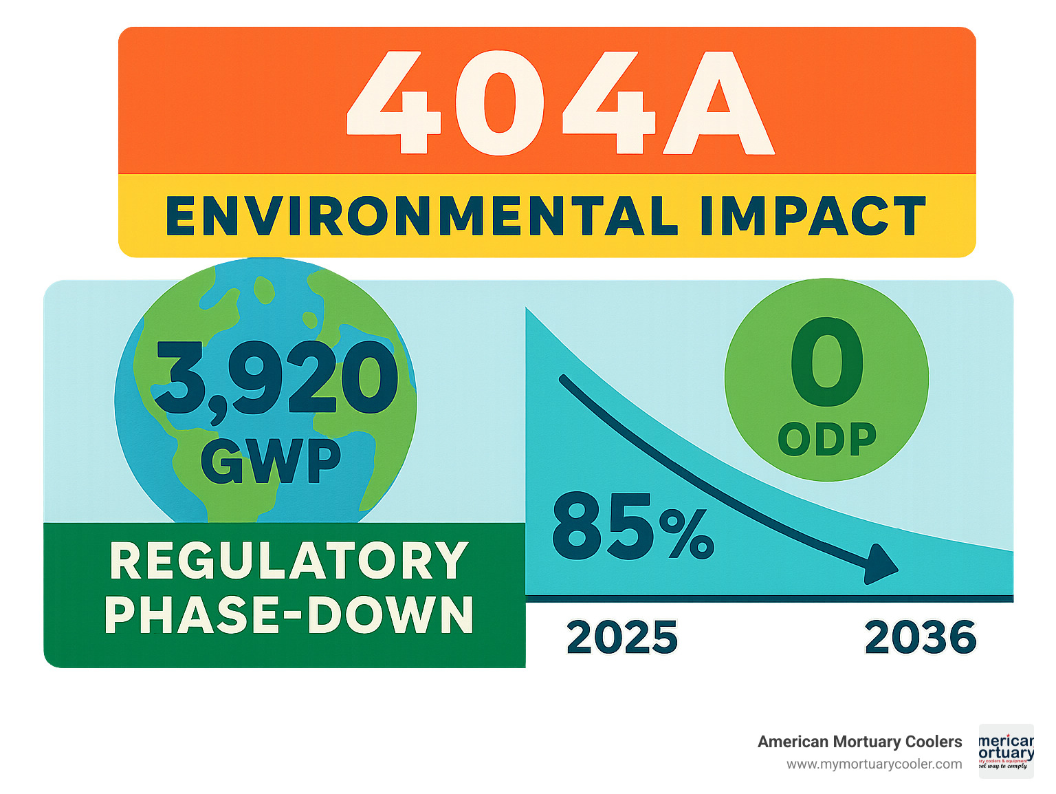 Statistical infographic showing 404A environmental impact with GWP of 3,920, zero ODP, and regulatory phase-down timeline reducing HFC production by 85% by 2036 - 404a infographic 