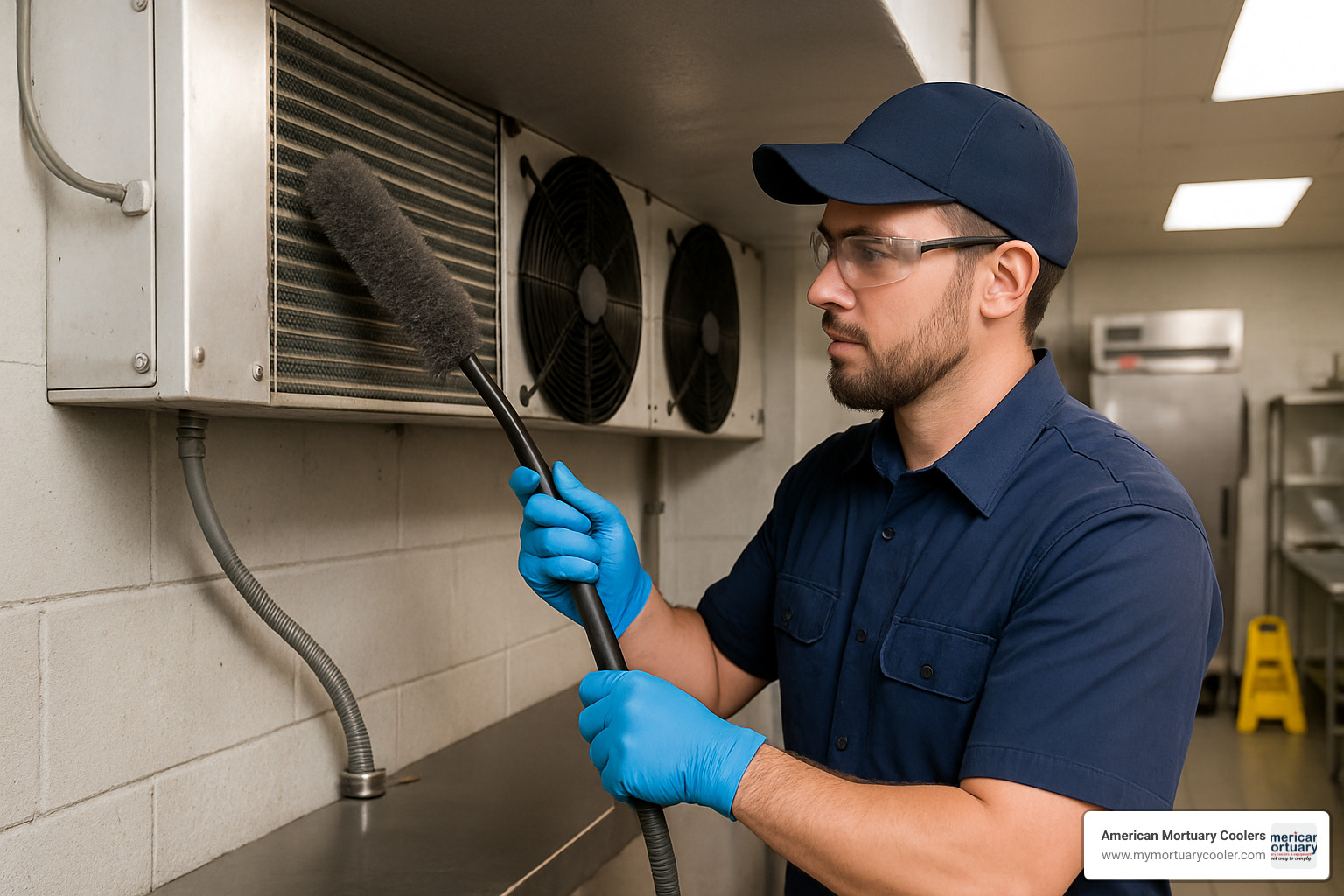 Technician cleaning condenser coils with specialized brush - commercial cooler repair