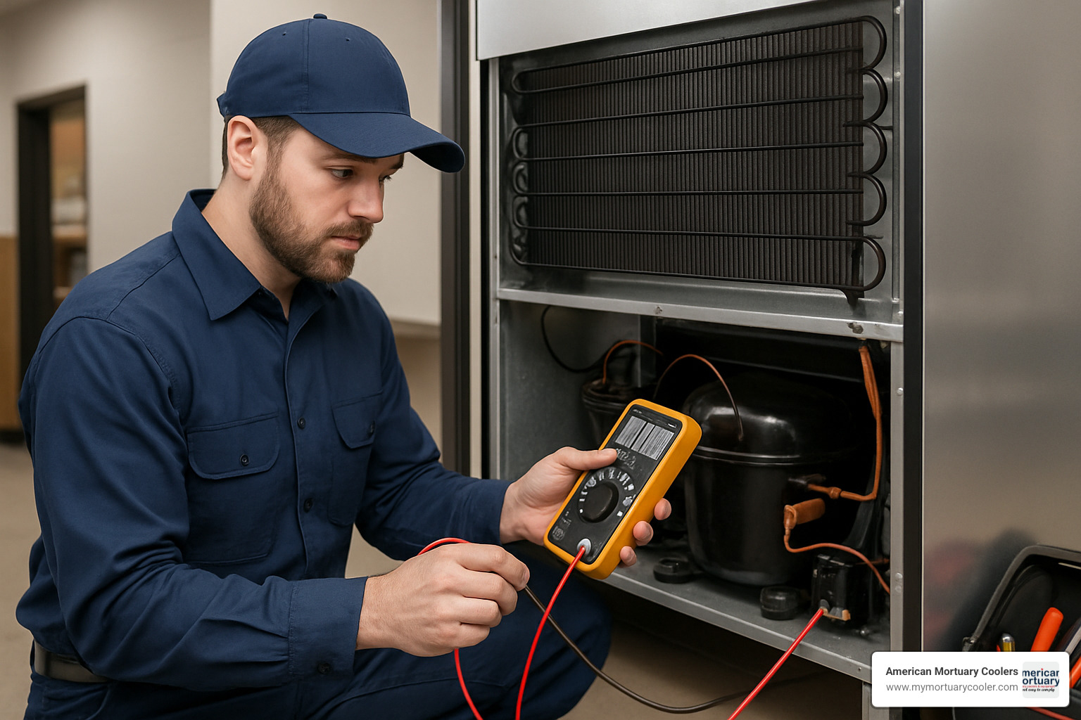 Professional technician performing diagnostic tests on commercial cooler with digital multimeter - commercial cooler repair