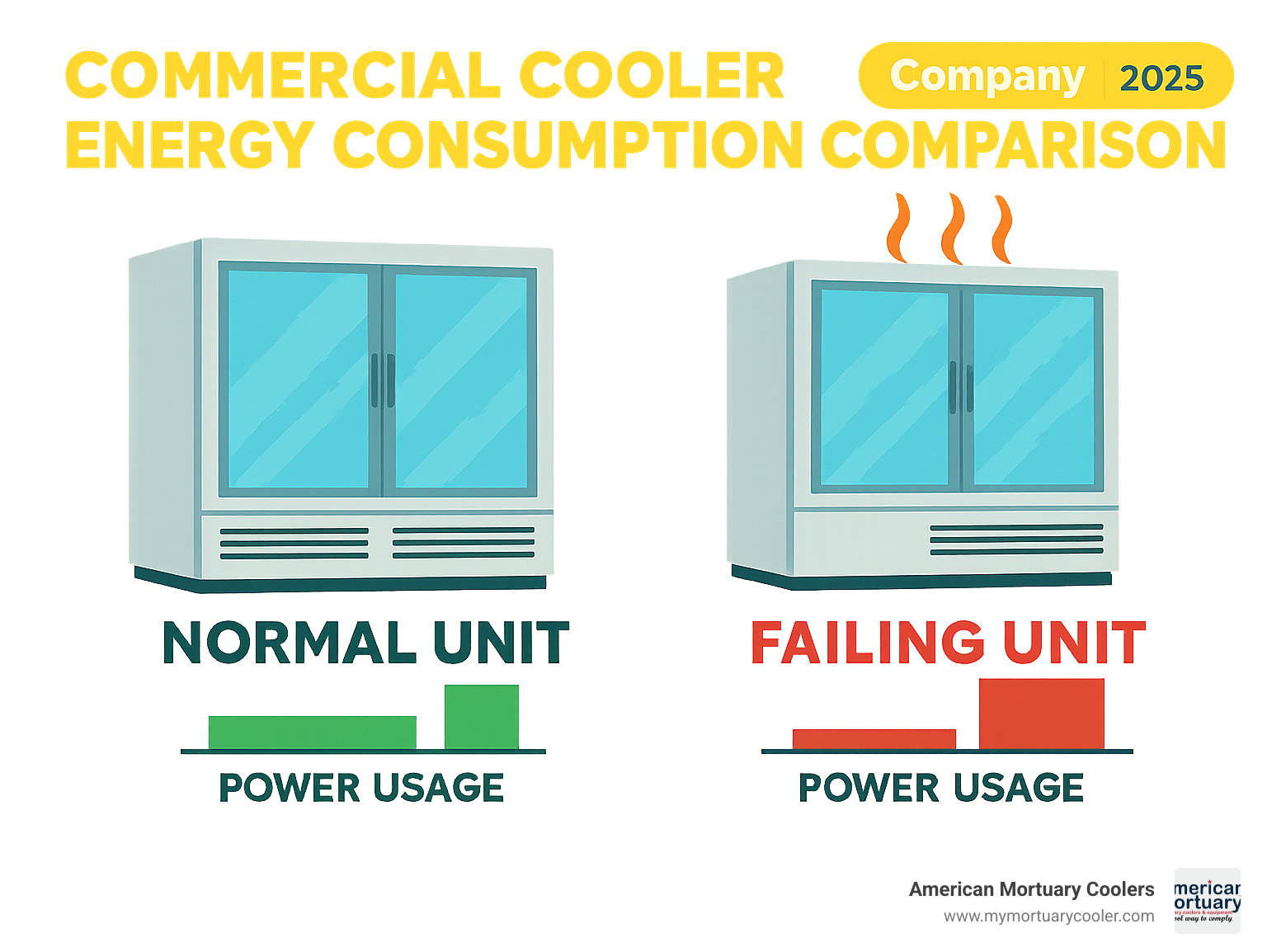Commercial cooler energy consumption comparison showing normal vs. failing unit power usage - commercial cooler repair infographic 