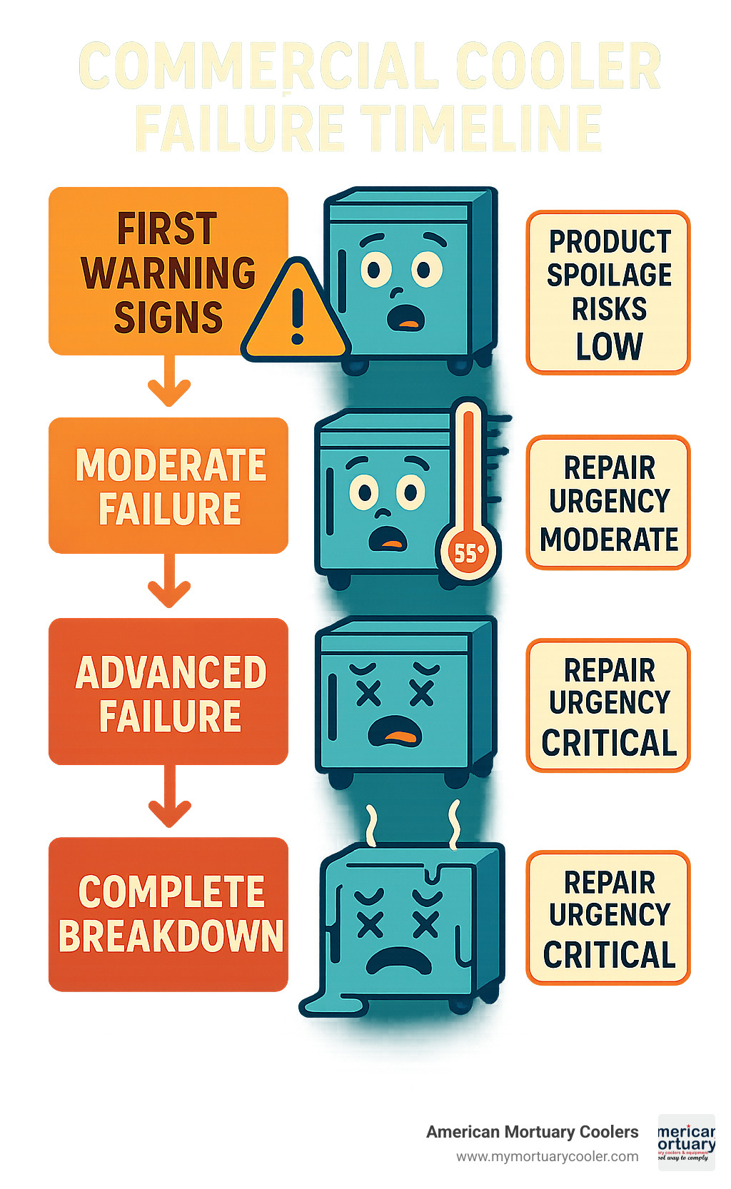 Infographic showing commercial cooler failure timeline from first warning signs through complete breakdown, including temperature rise stages, product spoilage risks, and repair urgency levels at each phase - commercial cooler repair infographic 