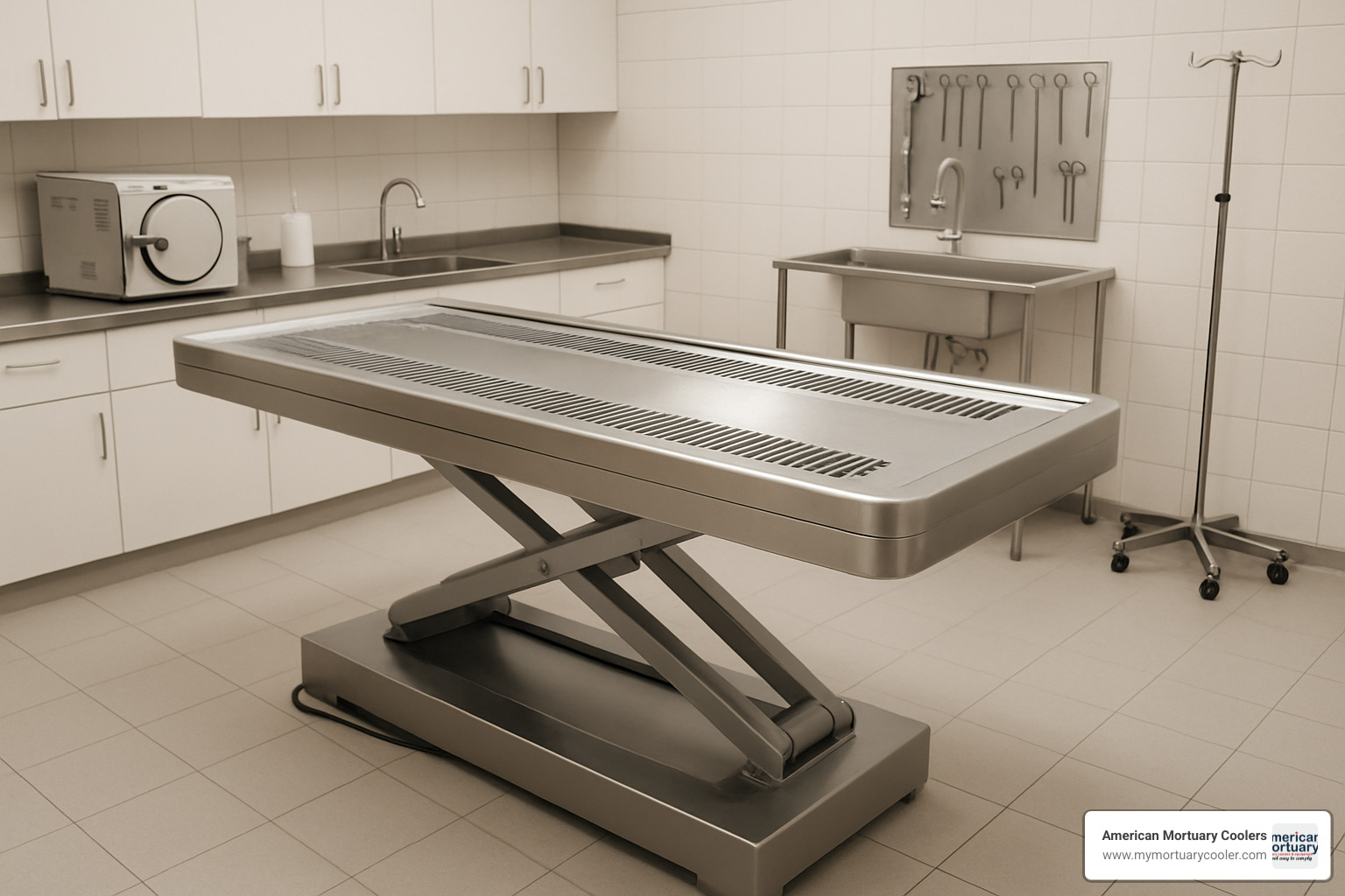 height-adjustable embalming table with integrated ventilation - mortuary-prep-room