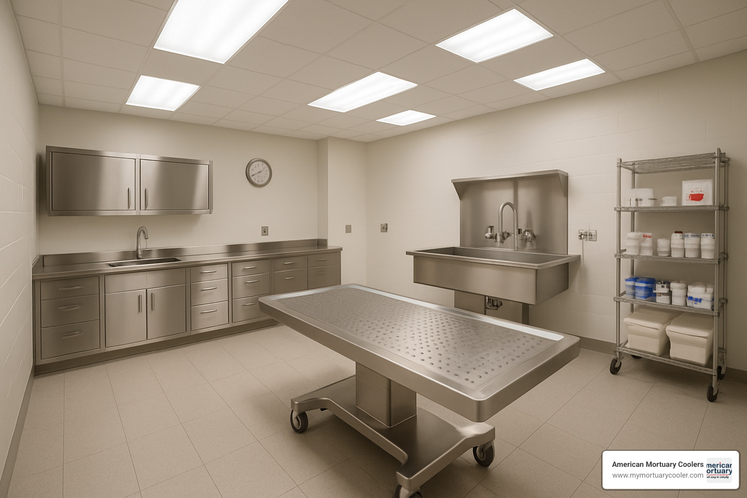 tour-ready prep suite with professional lighting and clean surfaces - mortuary-prep-room