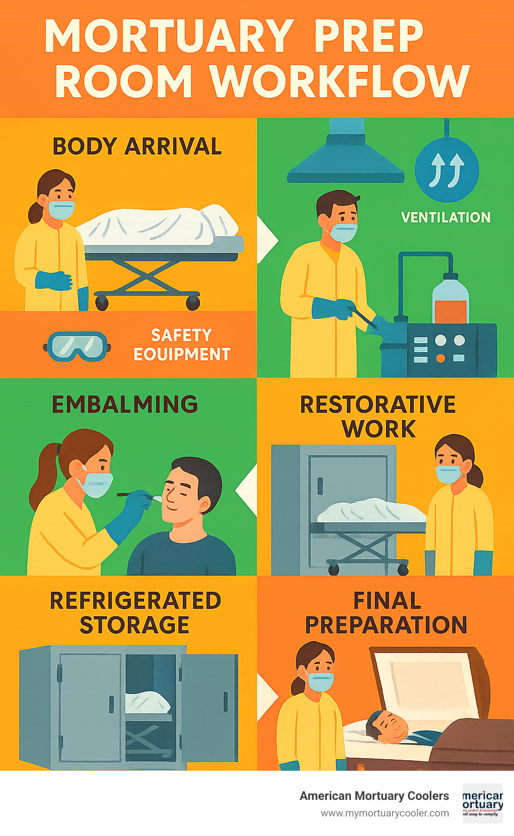 Infographic showing mortuary prep room workflow from body arrival through embalming, restorative work, refrigerated storage, and final preparation for viewing, with safety equipment and ventilation systems highlighted - mortuary-prep-room infographic 