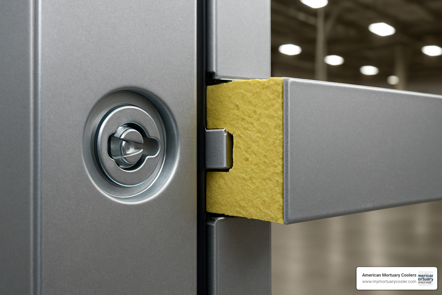 Close-up view of tongue-and-groove panel connection system showing cam-lock mechanism and gasket seal - refrigerator wall panels