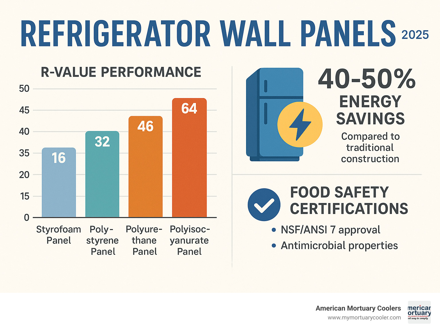 Comprehensive chart displaying R-value performance comparison between different panel types, energy consumption data, and food safety certification requirements for commercial refrigeration applications - refrigerator wall panels infographic 
