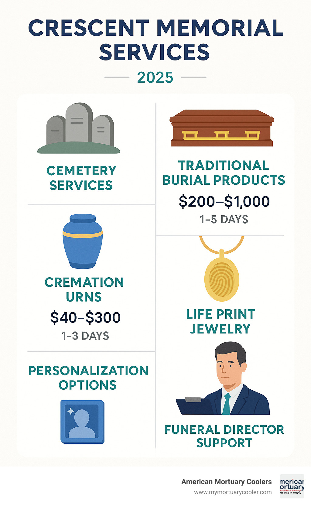 Comprehensive overview of Crescent Memorial's product categories including cemetery services, traditional burial products, cremation urns, Life Print jewelry, personalization options, and funeral director support services with pricing ranges and delivery timelines - cresent memorial infographic 