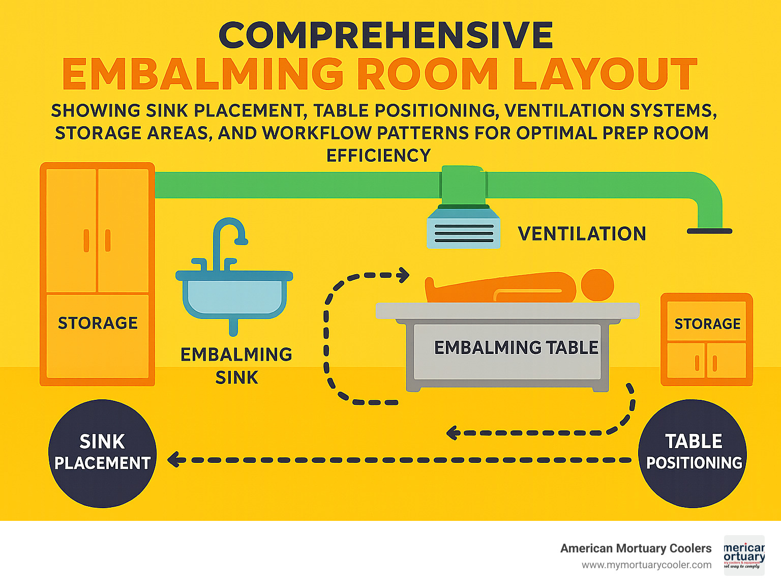 Comprehensive embalming room layout showing sink placement, table positioning, ventilation systems, storage areas, and workflow patterns for optimal prep room efficiency - embalming-sink infographic 