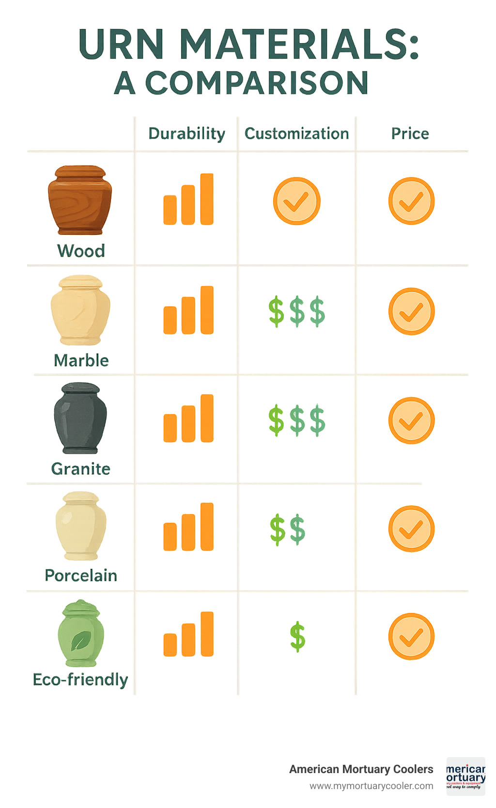 Detailed comparison chart showing different urn materials including wood, marble, granite, metal, porcelain, and eco-friendly options with their respective durability, customization options, price ranges, and personalization capabilities - cresent memorial infographic 