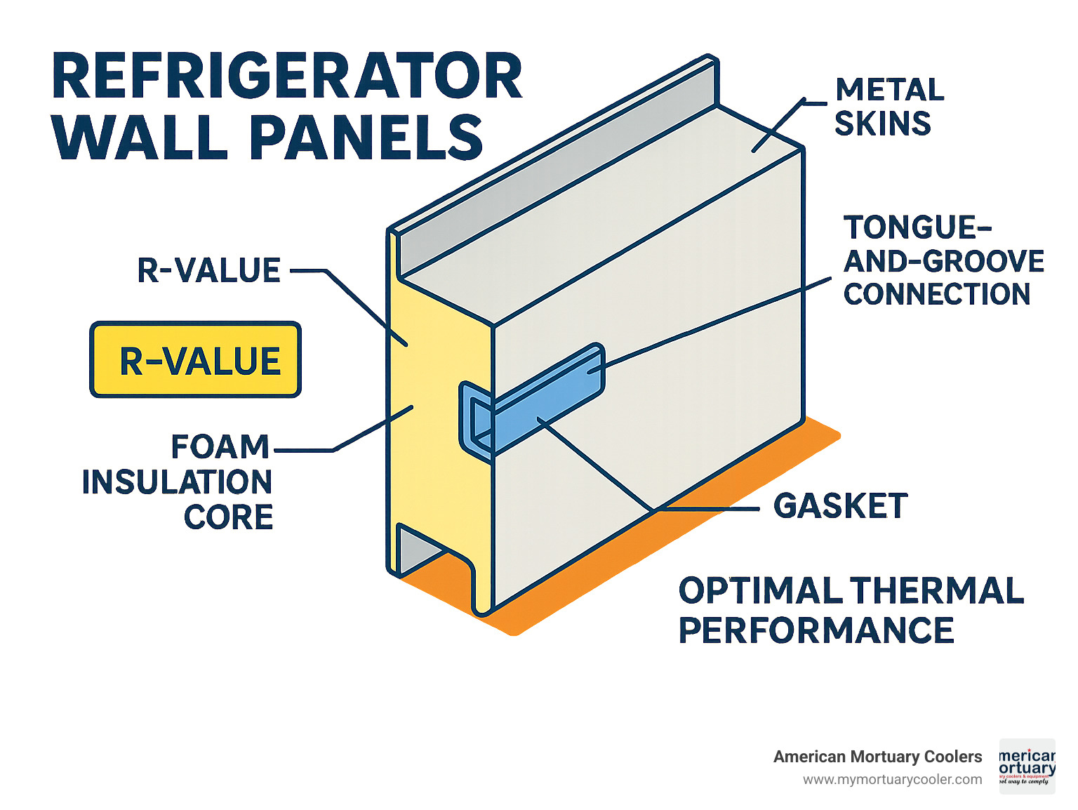Detailed cross-section diagram showing refrigerator wall panel construction with metal skins, foam insulation core, R-value ratings, tongue-and-groove connections, and gasket sealing systems for optimal thermal performance - refrigerator wall panels infographic 