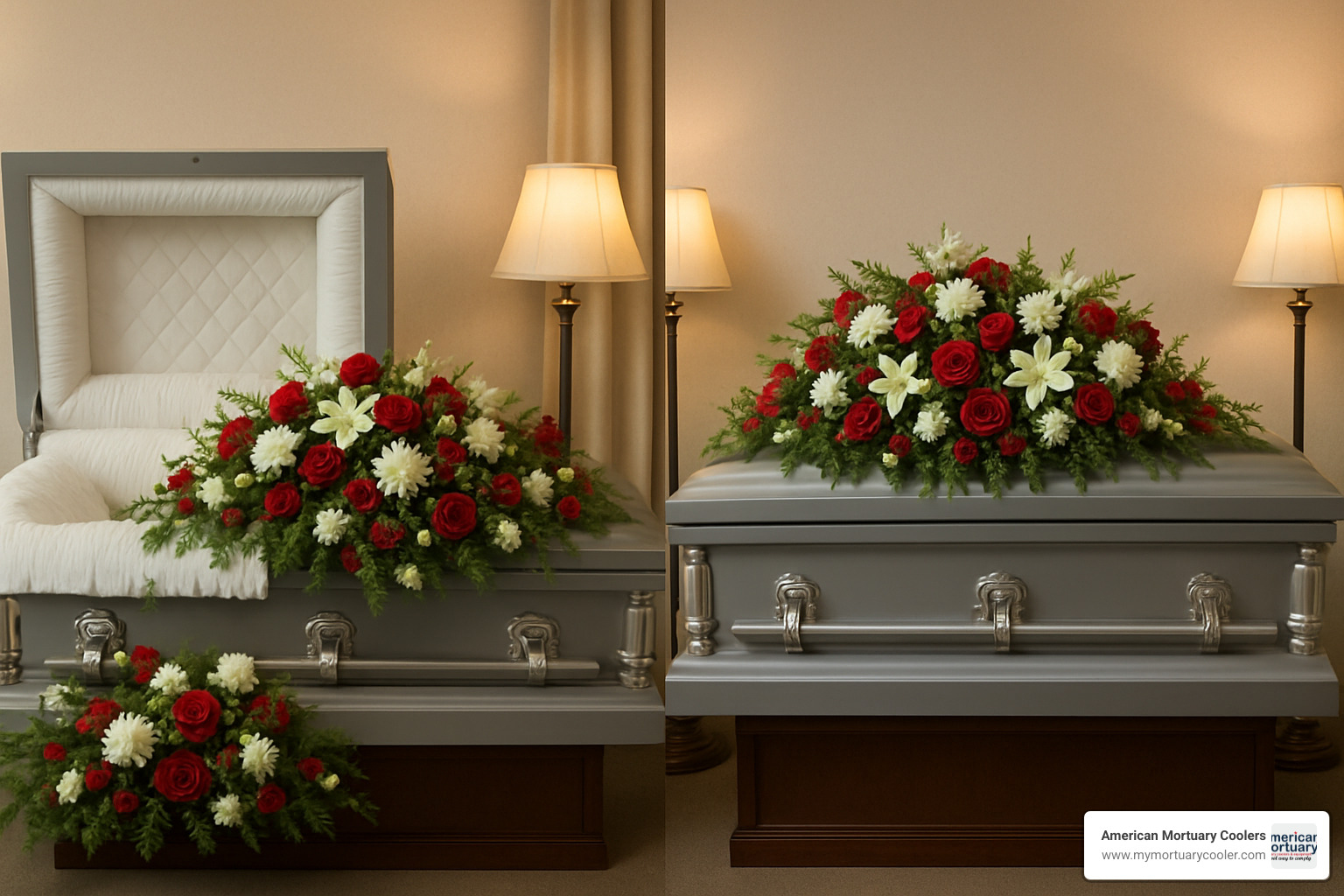 Comparison showing half-couch spray on left covering lower portion of casket, full-couch spray on right covering entire casket - funeral coffin spray