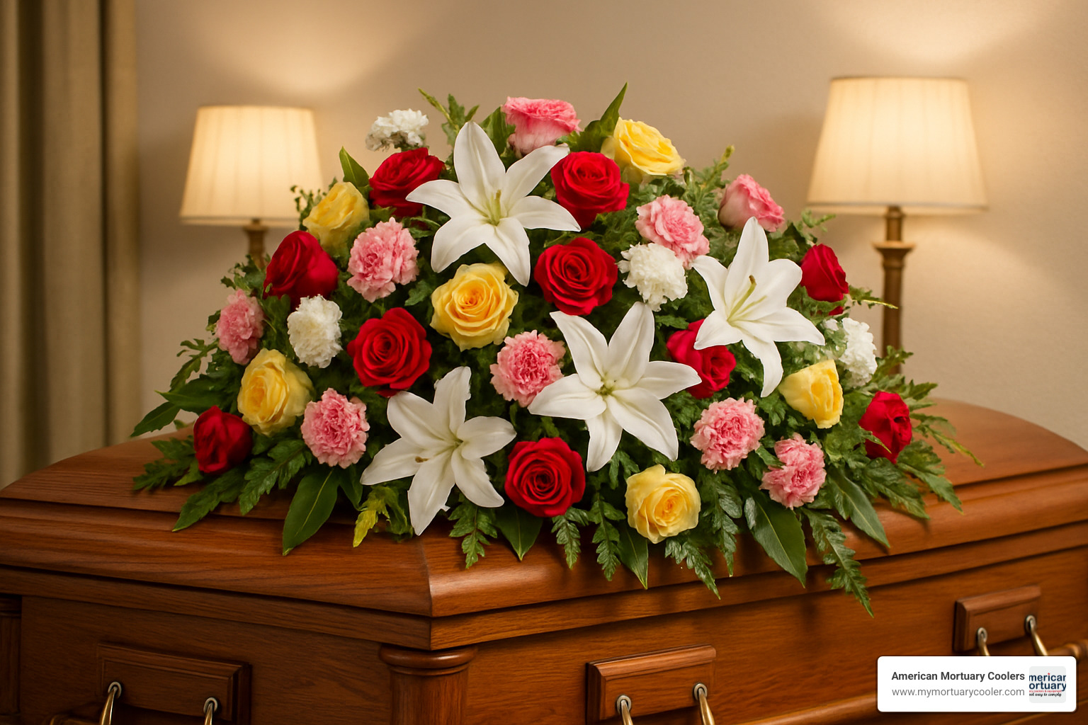 Mixed flower casket spray featuring roses, lilies, and carnations with green foliage - funeral coffin spray