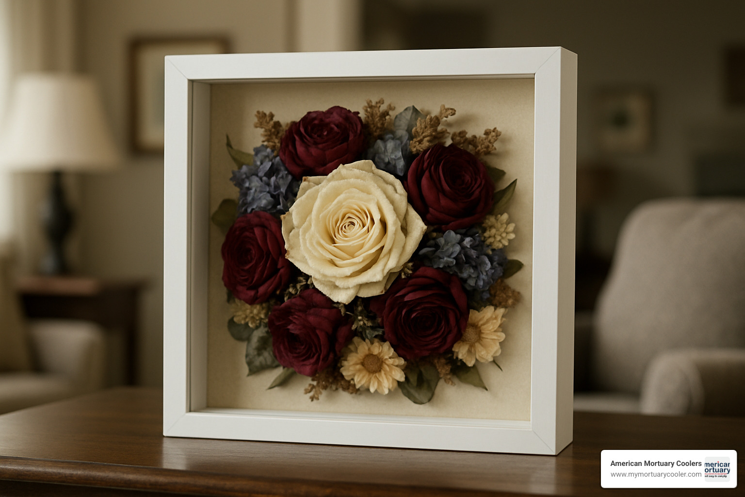 Preserved funeral flowers displayed in a shadow box as a keepsake - funeral coffin spray