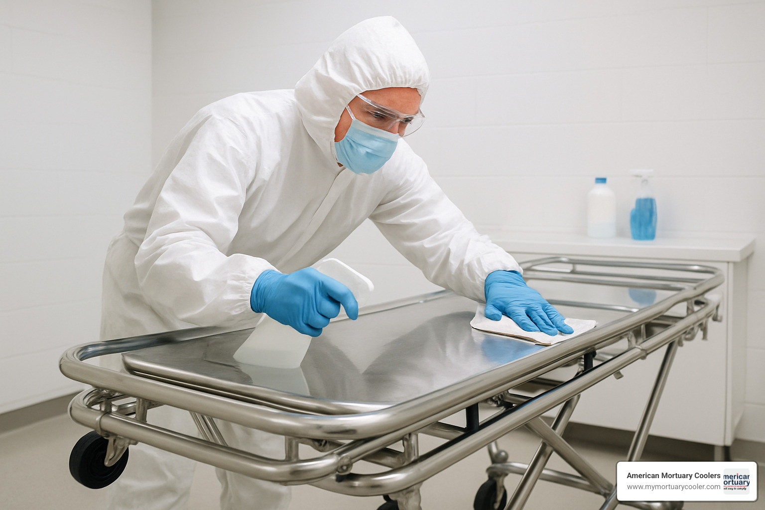 technician cleaning mortuary cot - mortuary-cot-