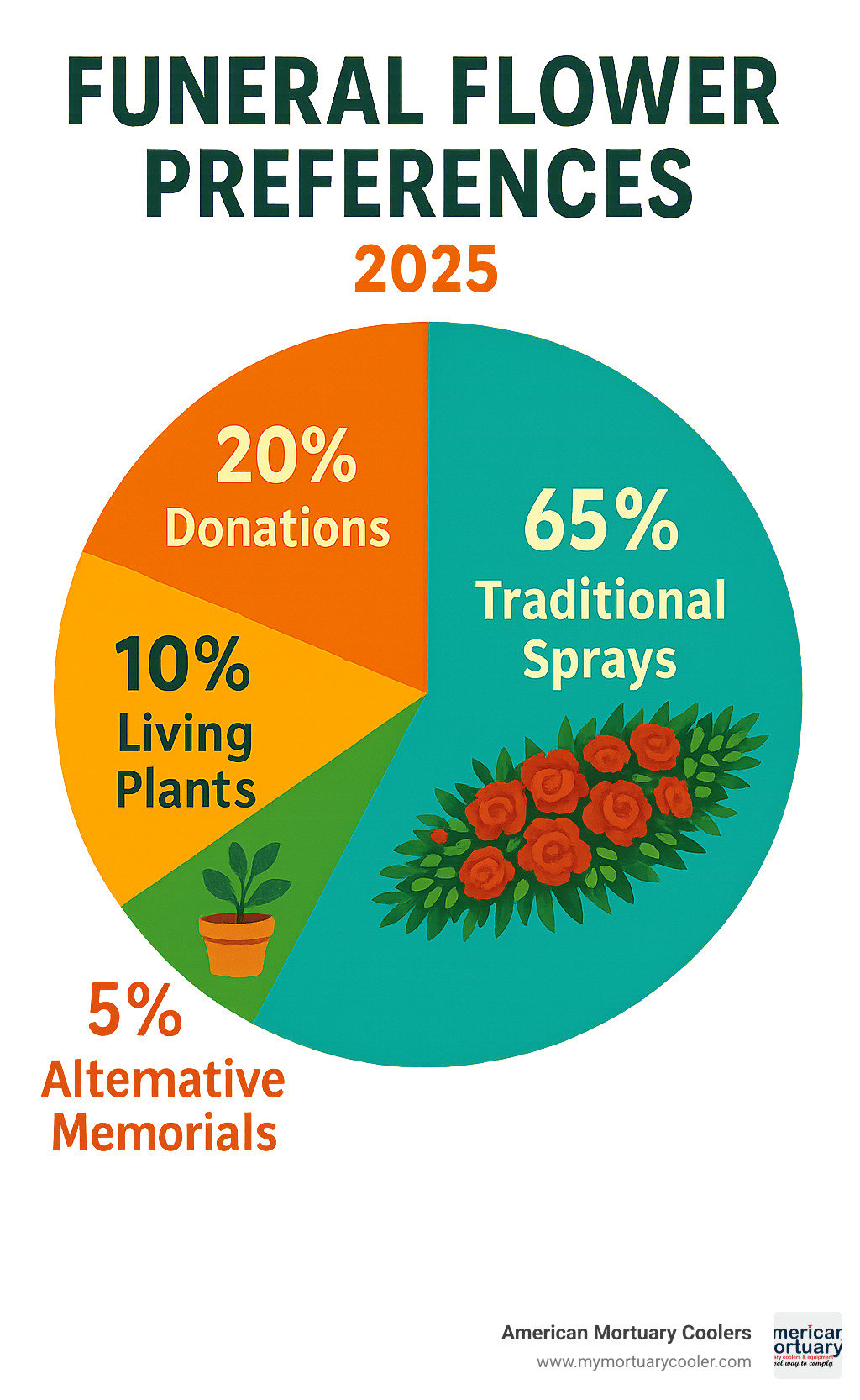 Statistical infographic showing funeral flower preferences: 65% choose traditional sprays, 20% prefer donations, 10% select living plants, 5% choose alternative memorials - funeral coffin spray infographic 