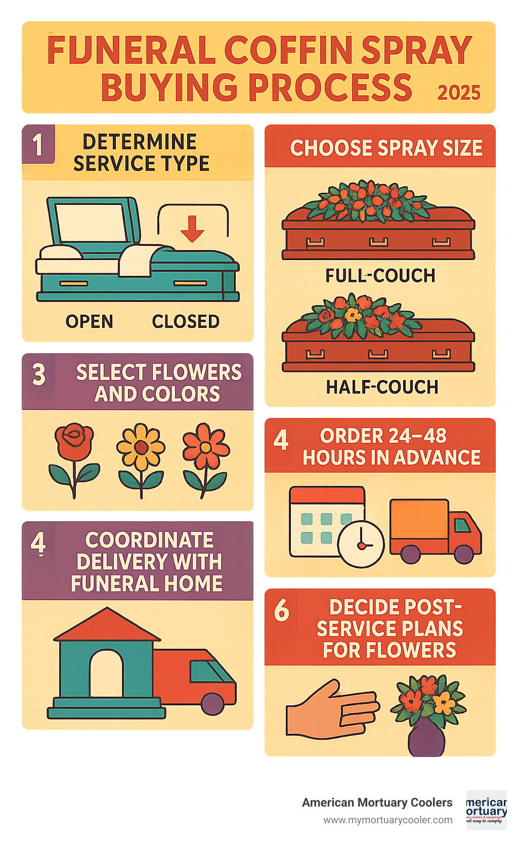 Infographic showing the funeral coffin spray buying process: 1. Determine service type (open vs closed casket), 2. Choose spray size (full-couch or half-couch), 3. Select flowers and colors, 4. Order 24-48 hours in advance, 5. Coordinate delivery with funeral home, 6. Decide post-service plans for flowers - funeral coffin spray infographic 