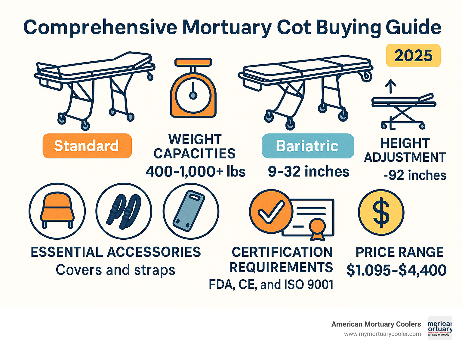 Comprehensive mortuary cot buying guide showing comparison of standard vs bariatric models, weight capacities from 400-1000+ lbs, height adjustment ranges, essential accessories including covers and straps, certification requirements, and price ranges from $1095-$4400 - mortuary-cot- infographic 