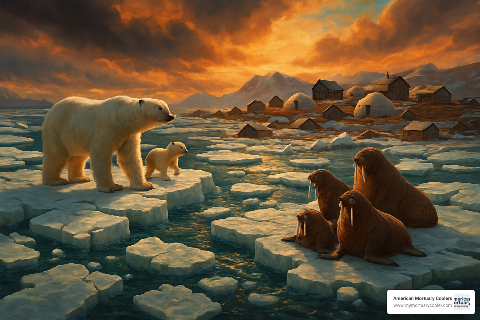 Dramatic image showing melting sea ice with Arctic wildlife and Inuit communities in the background, illustrating the rapid environmental changes affecting both human and animal arctic bodies - arctic body