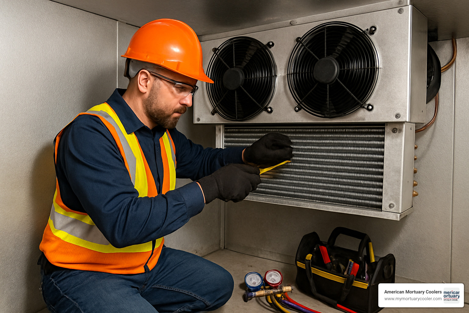 Technician performing routine maintenance on walk-in cooler evaporator coils - walk-in-coolers-