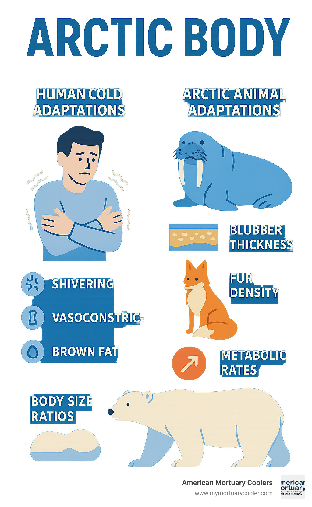 Comparative infographic showing human cold adaptations (shivering, vasoconstriction, brown fat) versus Arctic animal adaptations (blubber thickness, fur density, metabolic rates, and body size ratios) - arctic body infographic 
