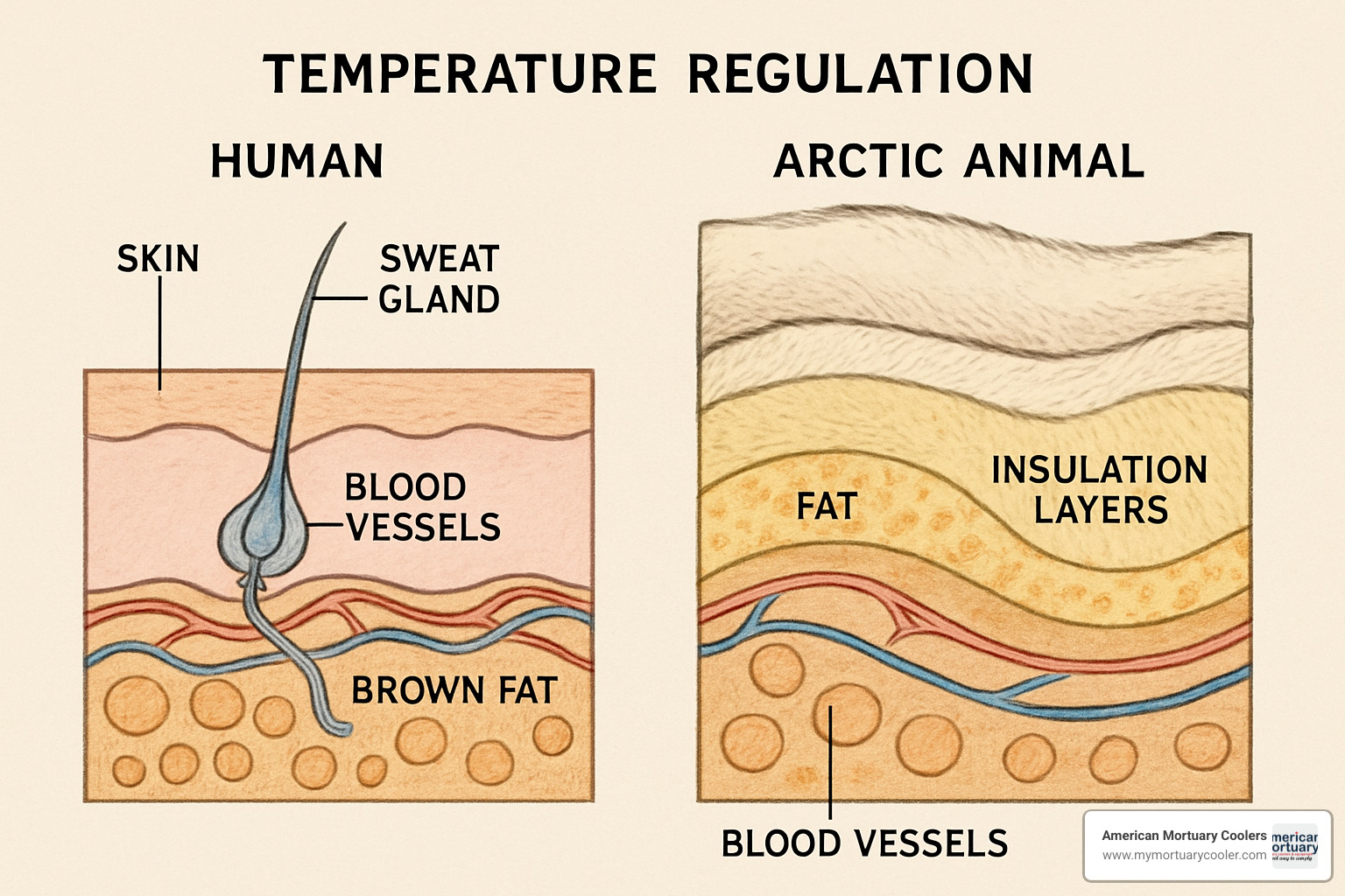 Cross-sectional diagram showing human body temperature regulation systems alongside Arctic animal anatomy featuring insulation layers, fat distribution, and thermal adaptation mechanisms - arctic body