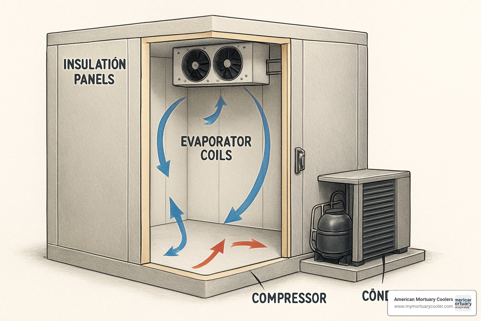 Cut-away view of walk-in cooler showing insulation panels, refrigeration components, and airflow patterns - walk-in-coolers-