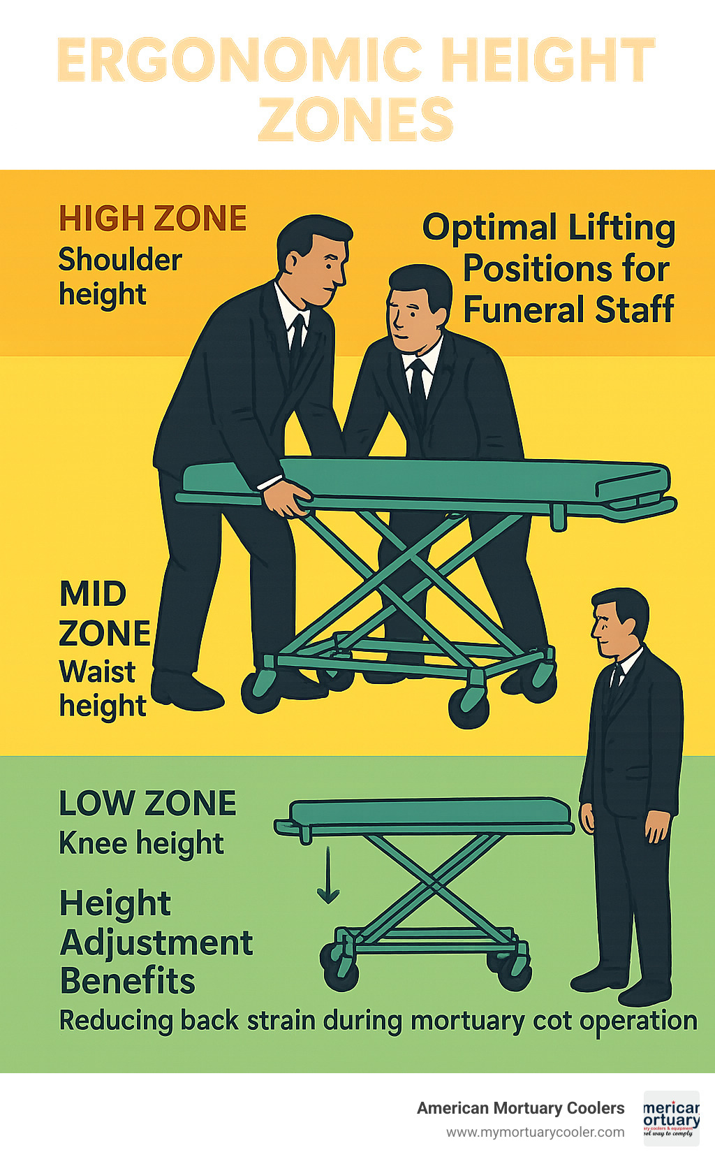 Ergonomic height zones diagram showing optimal lifting positions for funeral staff, proper body mechanics, and height adjustment benefits for reducing back strain during mortuary cot operation - mortuary-cot- infographic 