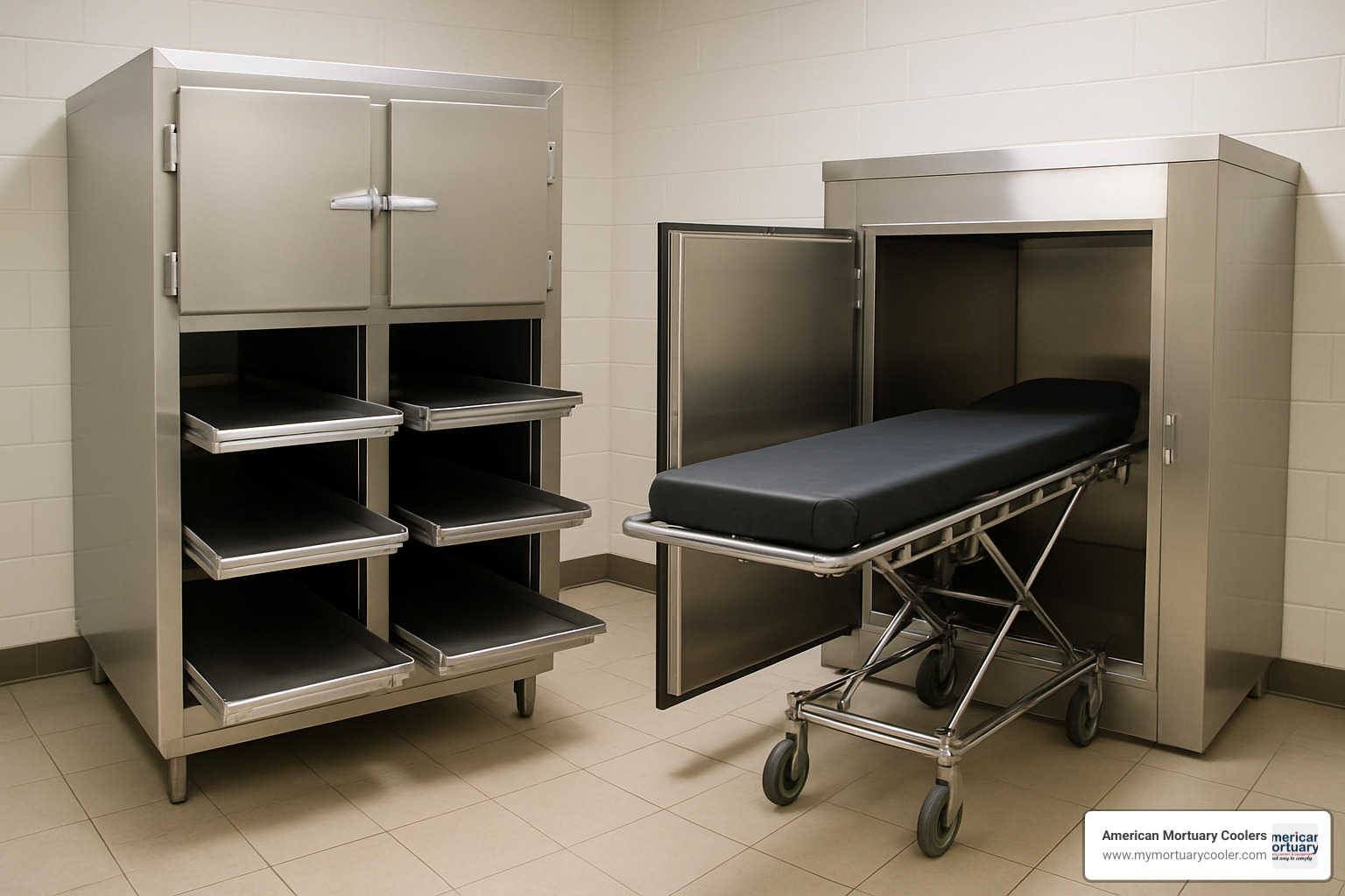 Comparison of upright mortuary coolers versus roll-in models showing different loading mechanisms and space requirements - Mobi Mortuary Coolers