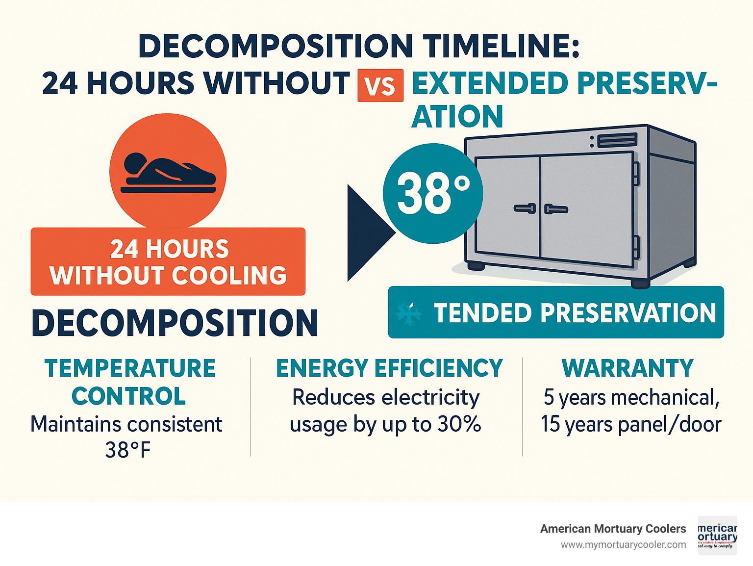 Infographic showing decomposition timeline: 24 hours without cooling vs extended preservation at 38°F with Mobi Mortuary Coolers, including temperature control benefits, energy efficiency stats, and warranty coverage comparison - Mobi Mortuary Coolers infographic 