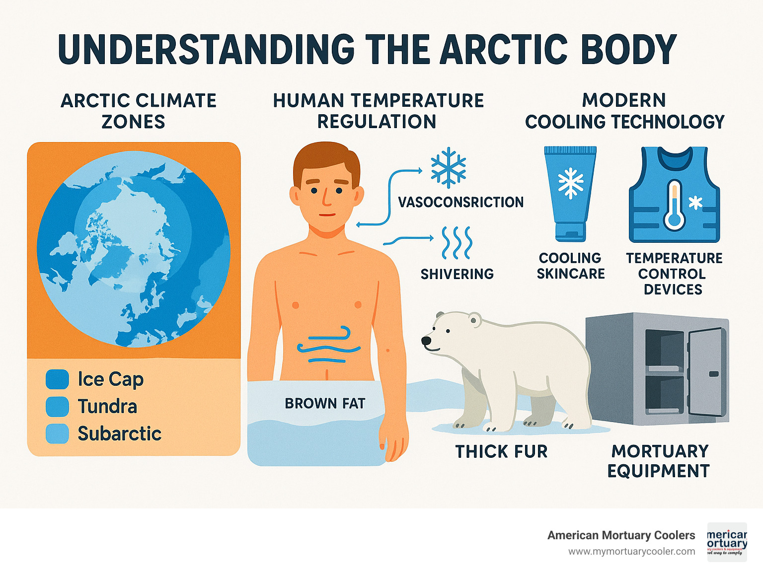 Comprehensive infographic showing Arctic climate zones, human body temperature regulation mechanisms, animal adaptations like blubber and fur, and modern cooling technology applications from skincare to mortuary equipment - arctic body infographic 