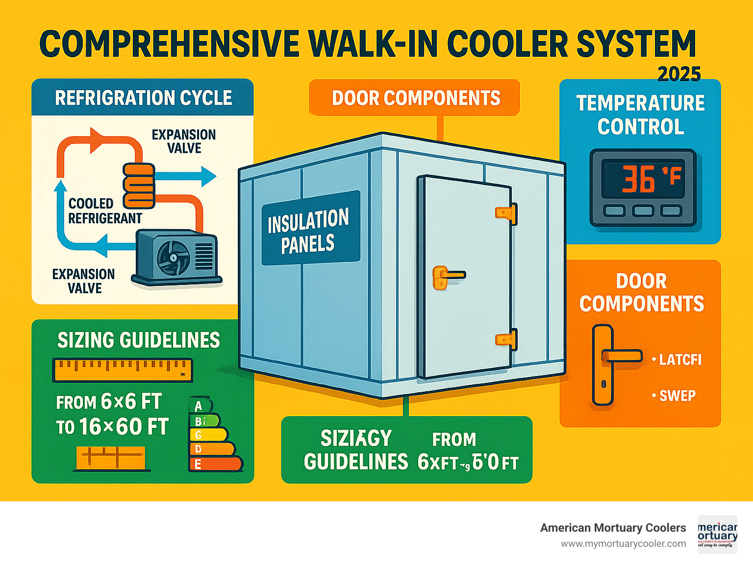 Comprehensive walk-in cooler system diagram showing refrigeration cycle, insulation panels, door components, and temperature control systems with sizing guidelines and energy efficiency ratings - walk-in-coolers- infographic 