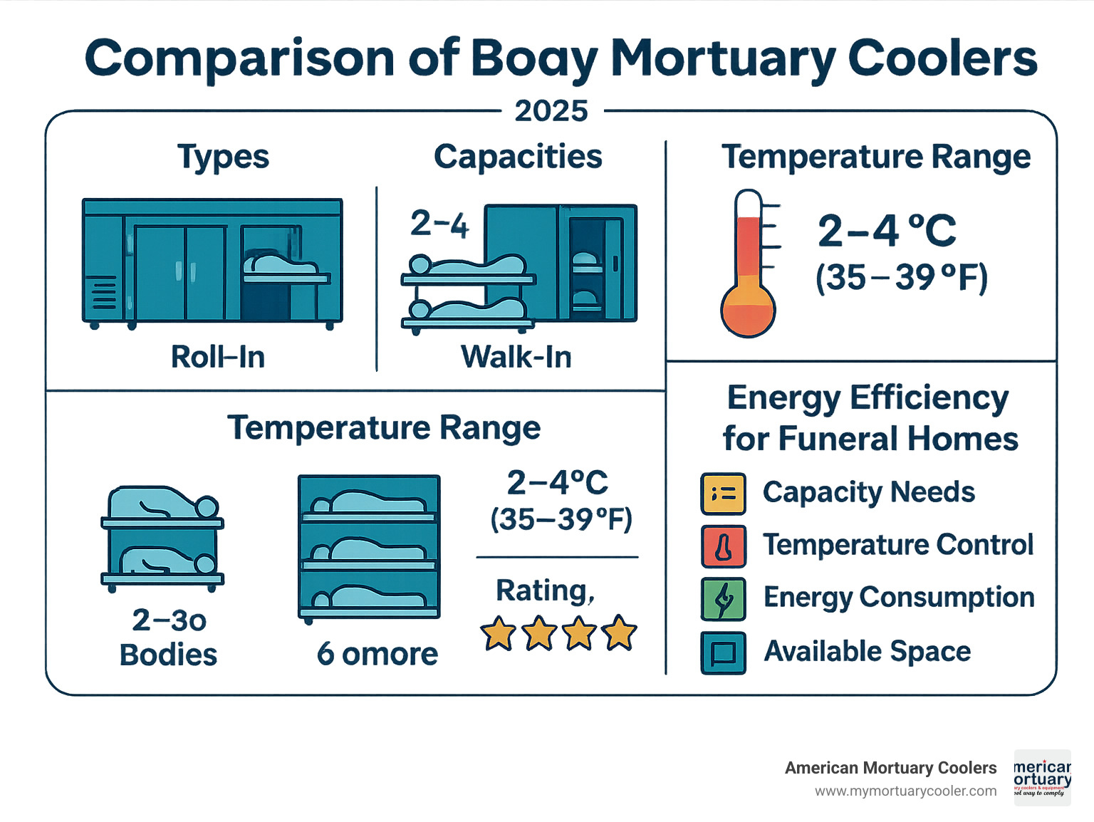 Detailed comparison infographic showing body mortuary cooler types, capacities, temperature ranges, energy efficiency ratings, and selection criteria for funeral homes - body-mortuary-coolers-n151 infographic 